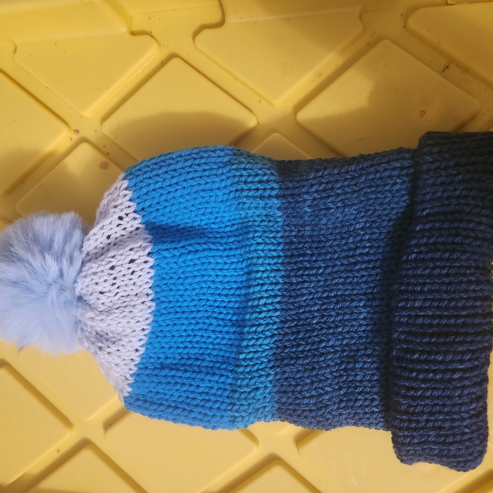 New! Hand Knitted Shades Of Blue Stylish Knit Pom-Pom Hat